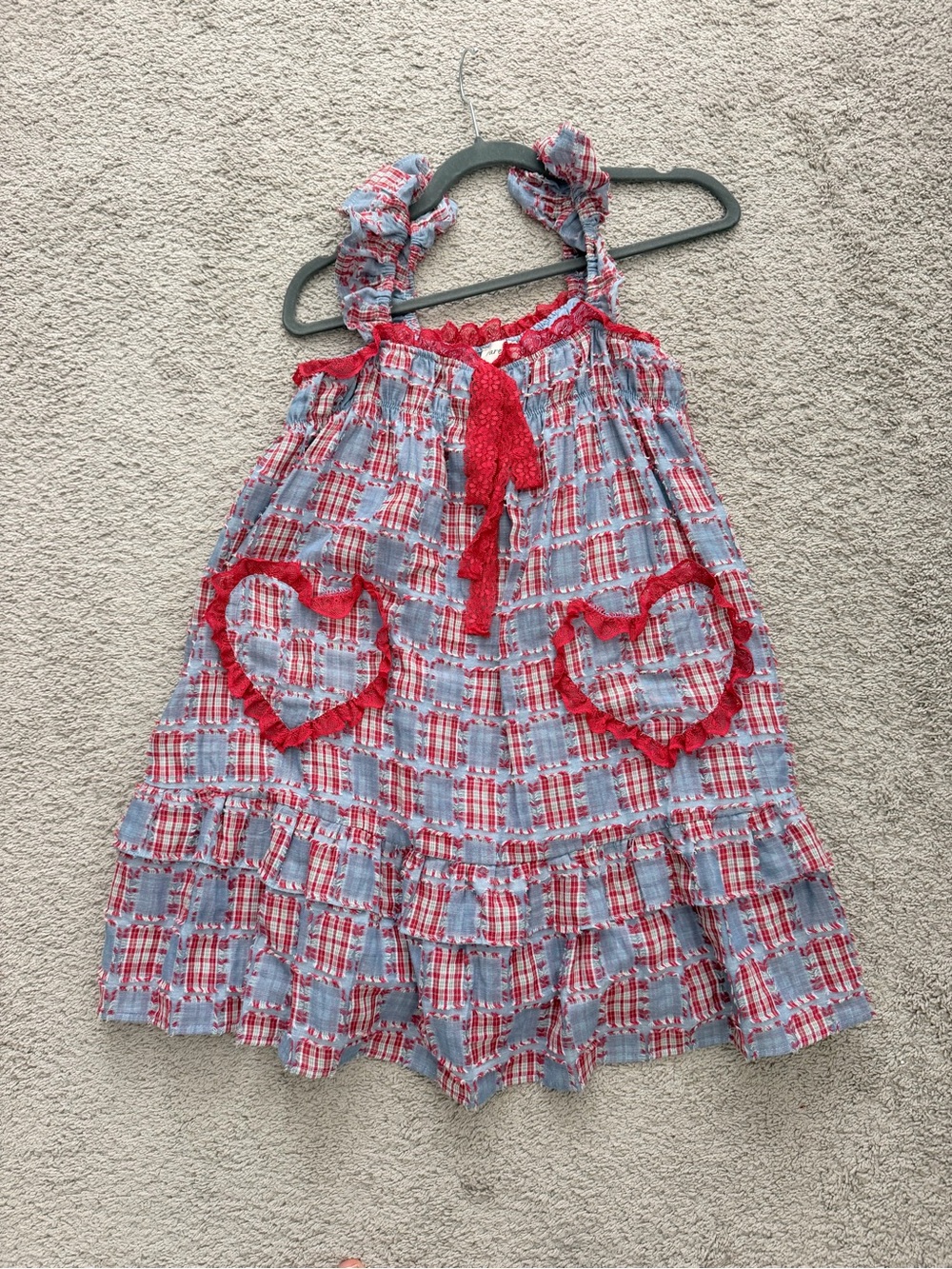 Blue & Red Check Ruffle Mini Dress with Heart Pockets - Picture 2 of 3